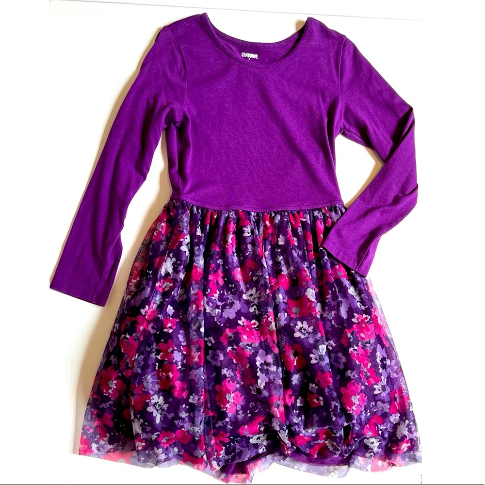 Gymboree Soft Full Sleeve Purple Dress with Floral Net Frill Skirt 6-7
